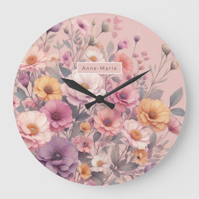 Floral modern rose pink girly elegant stylish  large clock (Front)