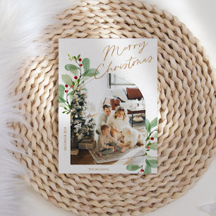 Floral Modern Rustic Family Photo Christmas Holiday Card