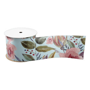 Floral Modern Summer Flower Pattern on Teal Satin Ribbon