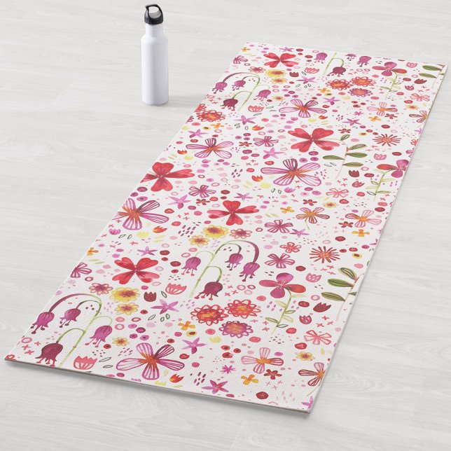 Floral Modern Watercolor Pattern Yoga Mat (Bold watercolor floral pink red white purple yoga mat)
