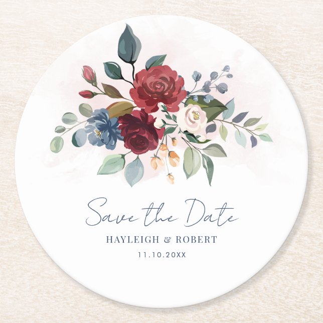 Floral Modern Wedding Save the Date Round Paper Coaster (Front)
