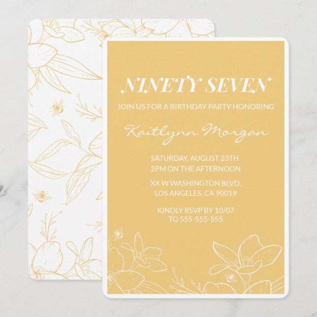 Floral Modern Yellow 97th birthday invitations  (Front/Back)