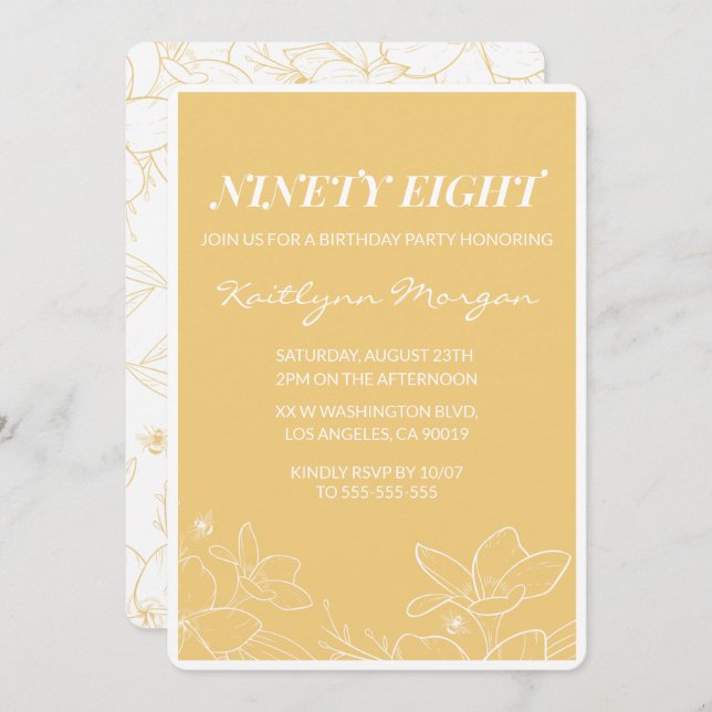 Floral Modern Yellow 98th birthday invitations  (Front/Back)