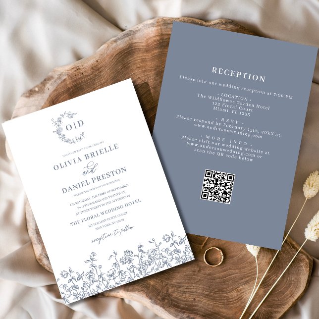 Floral Monogram All in One Dusty Blue Wedding Invitation (Creator Uploaded)