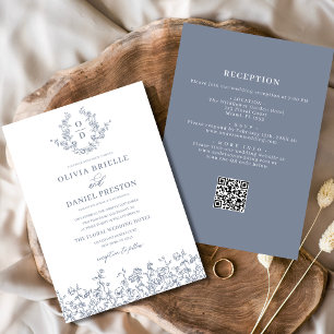 Floral Monogram All in One Dusty Blue Wedding Invitation