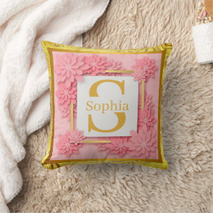Floral Monogram Art I Custom Name Pink & Gold 3D Cushion