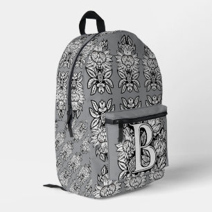 Floral Monogram "B" Black and White Tattoo Flowers Printed Backpack