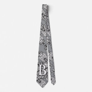 Floral Monogram "B" Black and White Tattoo Flowers Tie