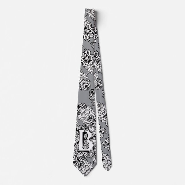 Floral Monogram "B" Black and White Tattoo Flowers Tie (Front)