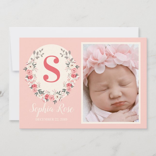 Floral Monogram Baby Girl Announcement Blush Pink (Front)