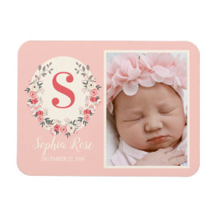 Floral Monogram Baby Girl Announcement Blush Pink Magnet