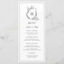 Floral Monogram Black and White Wedding Menu