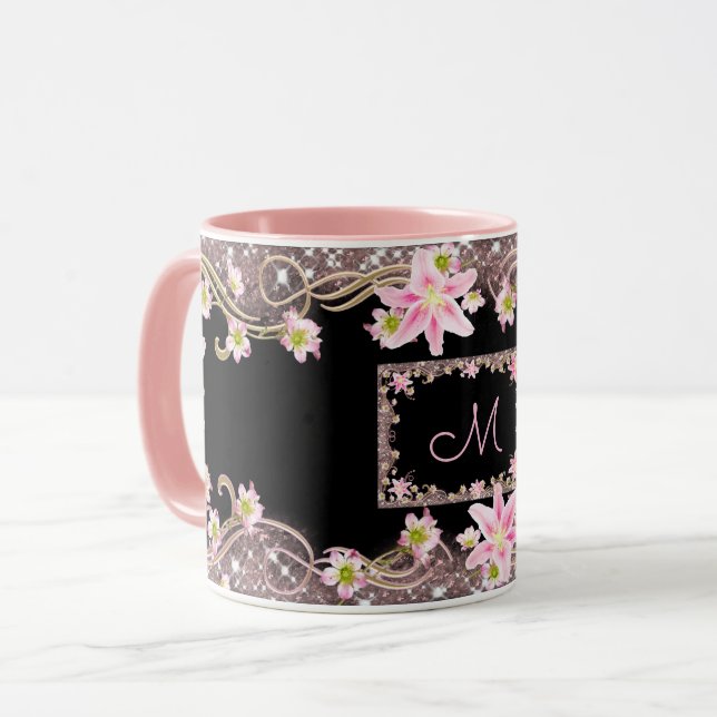 Floral Monogram Black Mug (Front Left)