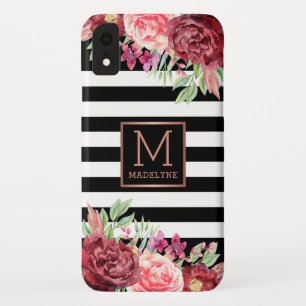 Floral Monogram Black White Striped Rose Gold iPhone XR Case