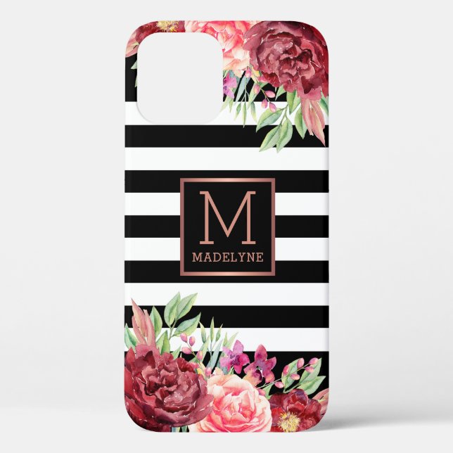 Floral Monogram Black White Striped Rose Gold Case-Mate iPhone Case (Back)