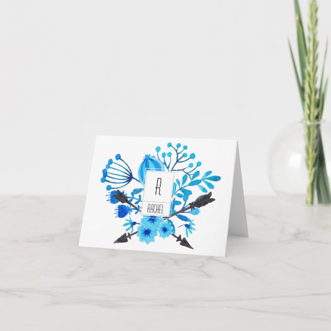 Floral Monogram Blank Note Card Blue Flowers (Front)