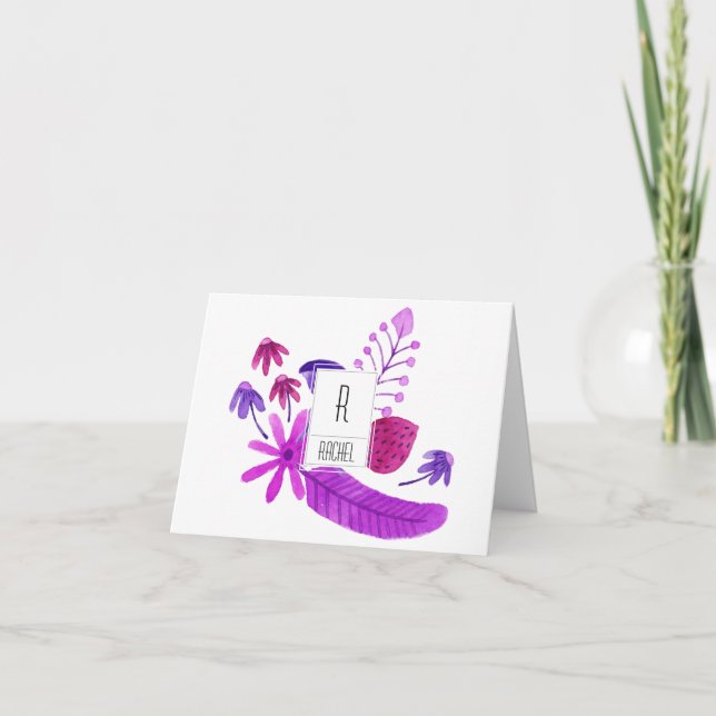 Floral Monogram Blank Note Card Purple Flowers (Front)