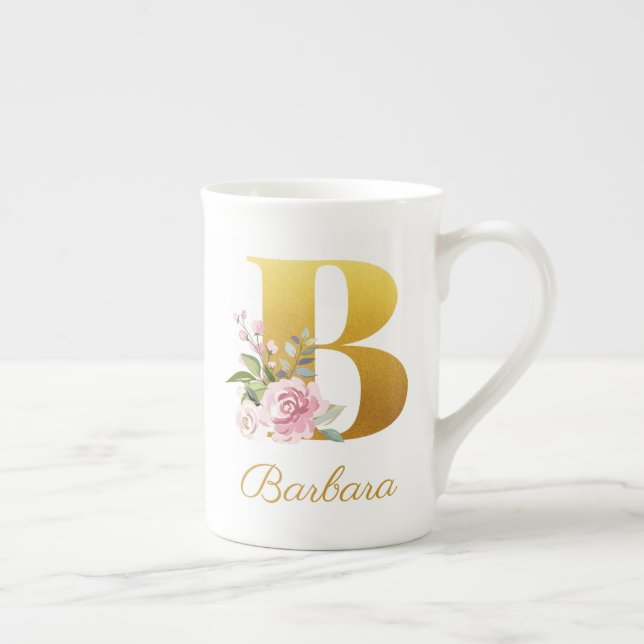Floral Monogram Botanical Name Initial B Custom Bone China Mug (Right)