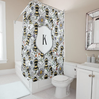 Floral Monogram Bumble Bee  Shower Curtain