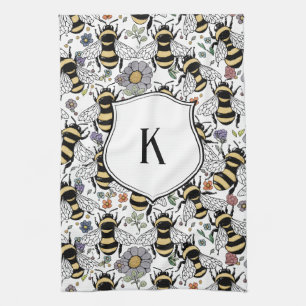 Floral Monogram Bumble Bee Tea Towel