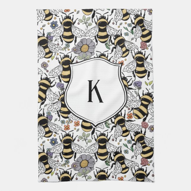 Floral Monogram Bumble Bee  Tea Towel (Vertical)