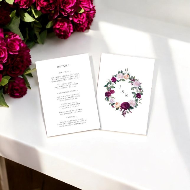 Floral monogram burgundy wedding details card (burgundy floral wedding invitation , the knot , details card )