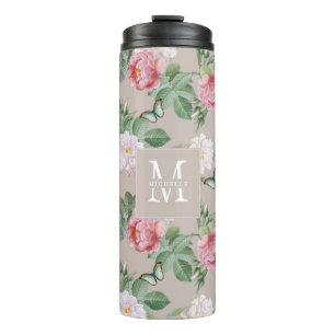 Floral Monogram Butterflies Elegant Custom Taupe Thermal Tumbler