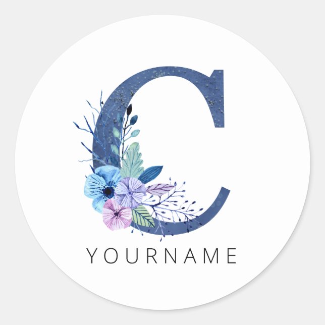 Floral Monogram C Winter Blue Blossoms Classic Round Sticker (Front)