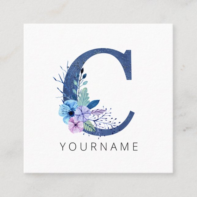 Floral Monogram C Winter Blue Blossoms Square Business Card (Front)