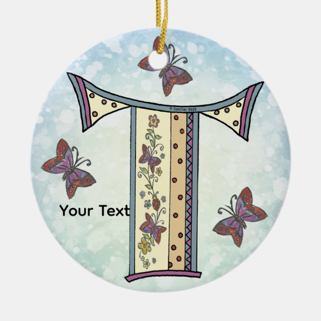 floral Monogram  Ceramic Tree Decoration (Front)