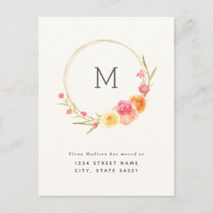 Floral Monogram Change of Address Announcement Postcard