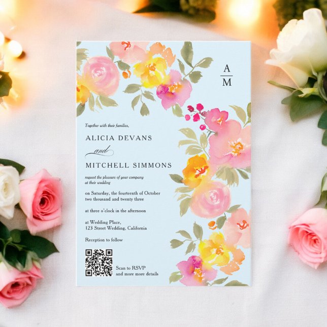 Floral monogram chic Qr code photo blue wedding Invitation (Floral monogram chic Qr code photo blue wedding Invitation)
