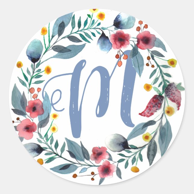 Floral Monogram Classic Round Sticker (Front)