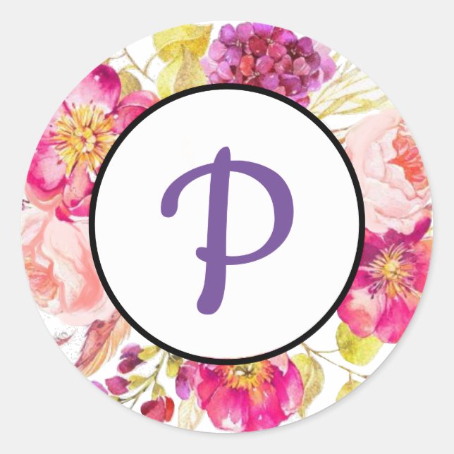 Floral Monogram Classic Round Sticker (Front)