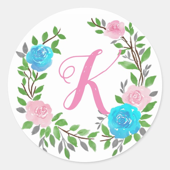 Floral Monogram Classic Round Sticker (Front)