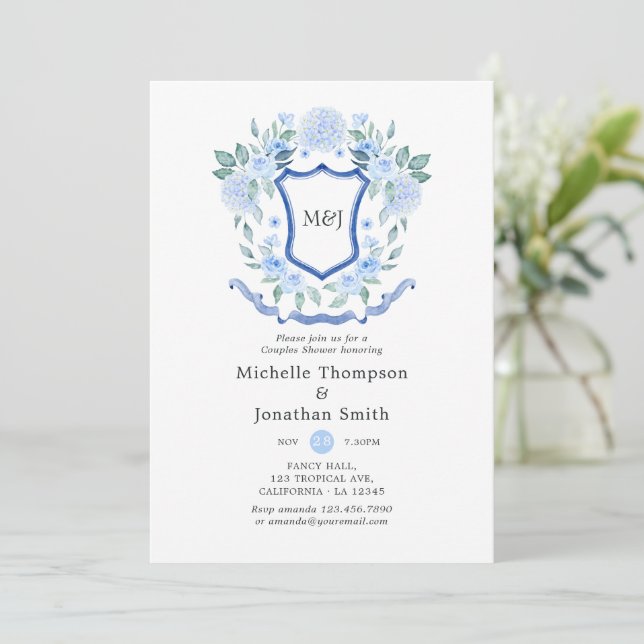 Floral Monogram Crest Couples Shower Invitation (Standing Front)
