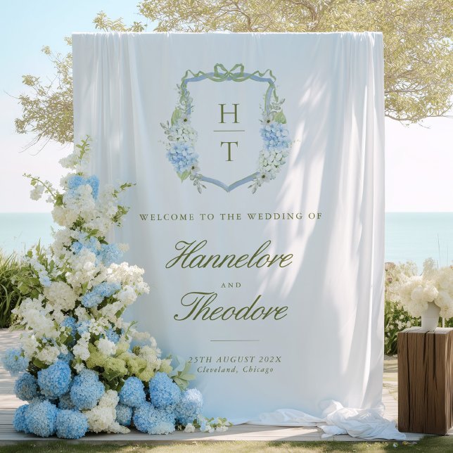 Floral Monogram Crest Wedding Backdrop Tapestry (Creator Uploaded)