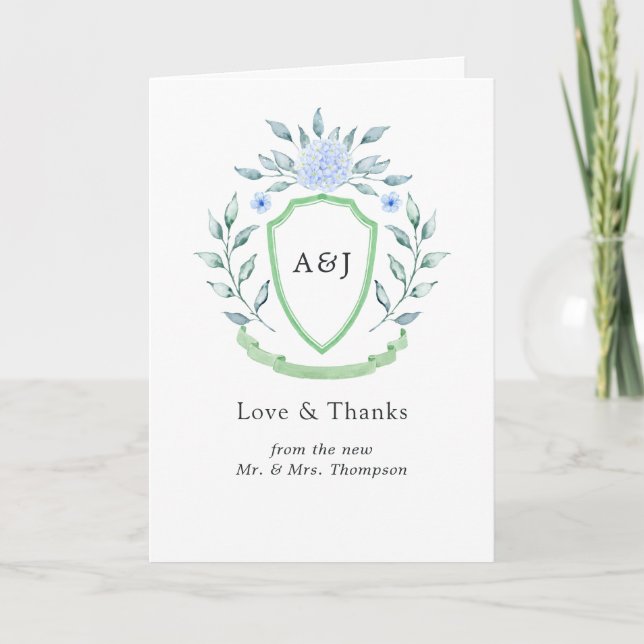 Floral Monogram Crest Wedding Crest Photo Thank You Card (Front)