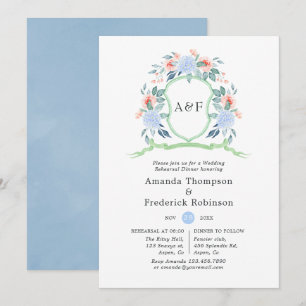 Floral Monogram Crest Wedding Rehearsal Dinner Invitation