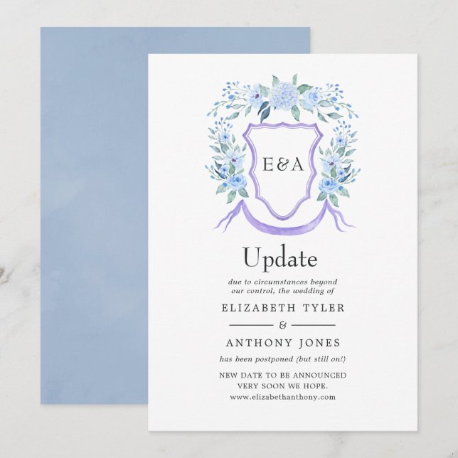 Floral Monogram Crest Wedding Update Invitation (Front/Back)