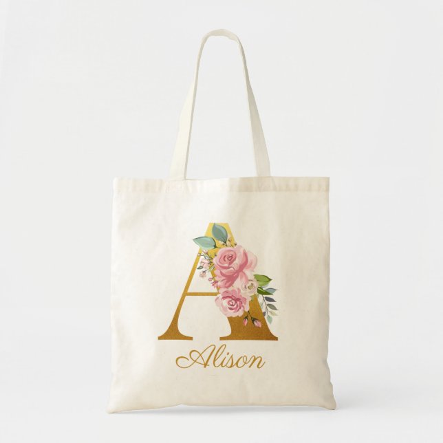 Floral Monogram Custom Name Initial Botanical Tote Bag (Front)