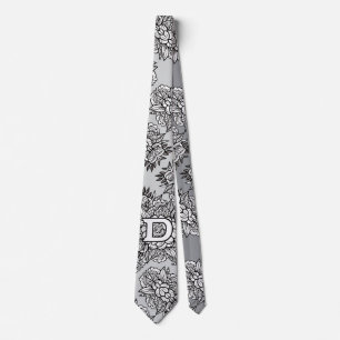 Floral Monogram "D" Black and White Tattoo Flowers Tie