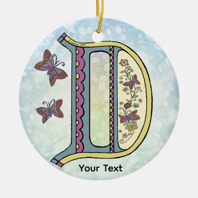 floral Monogram D Ceramic Tree Decoration (Front)