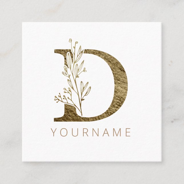 Floral Monogram D Elegant Gold Foliage Square Business Card (Front)