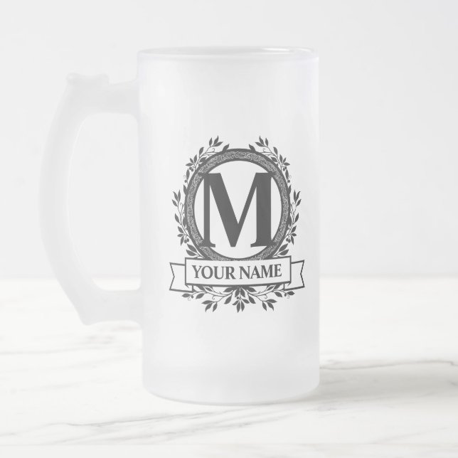 Floral Monogram Design Frosted Glass Beer Mug (Left)