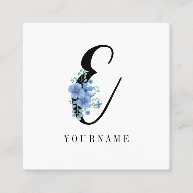 Floral Monogram E Blue Flower Burst Square Business Card (Front)