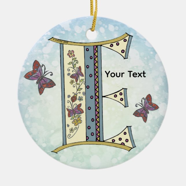 floral Monogram E Ceramic Tree Decoration (Front)