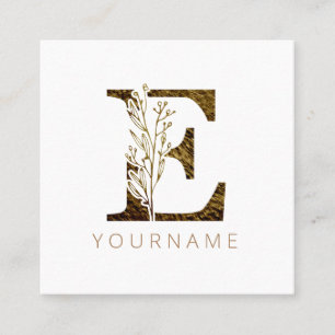 Floral Monogram E Elegant Gold Foliage Square Business Card