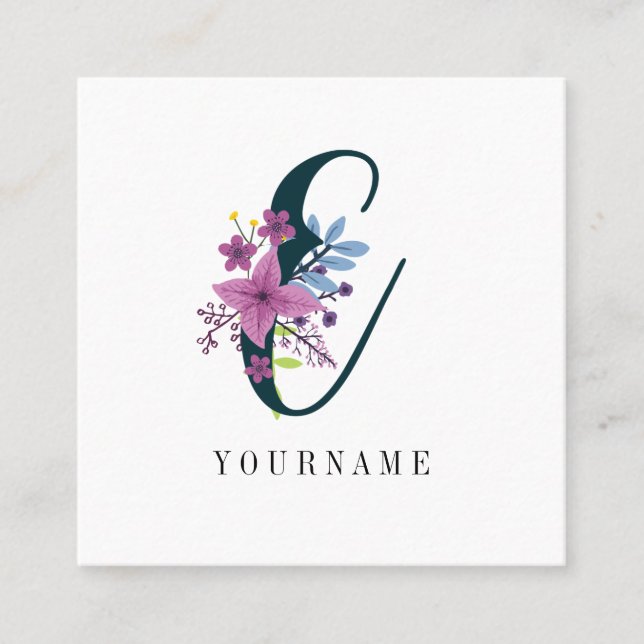 Floral Monogram E Wildflower Burst Square Business Card (Front)