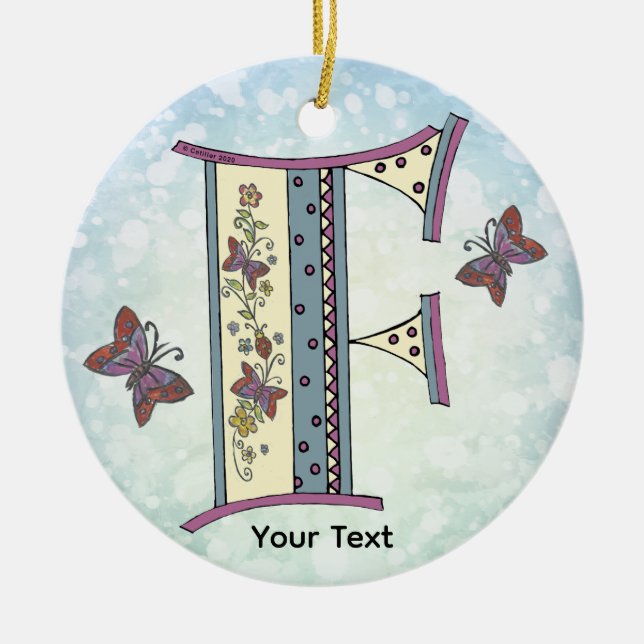 floral Monogram F Ceramic Tree Decoration (Front)